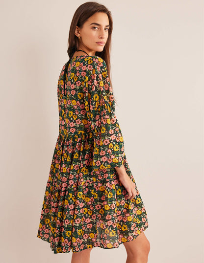 Relaxed Tiered Beach Dress-Emerald Night, Abstract Poppy