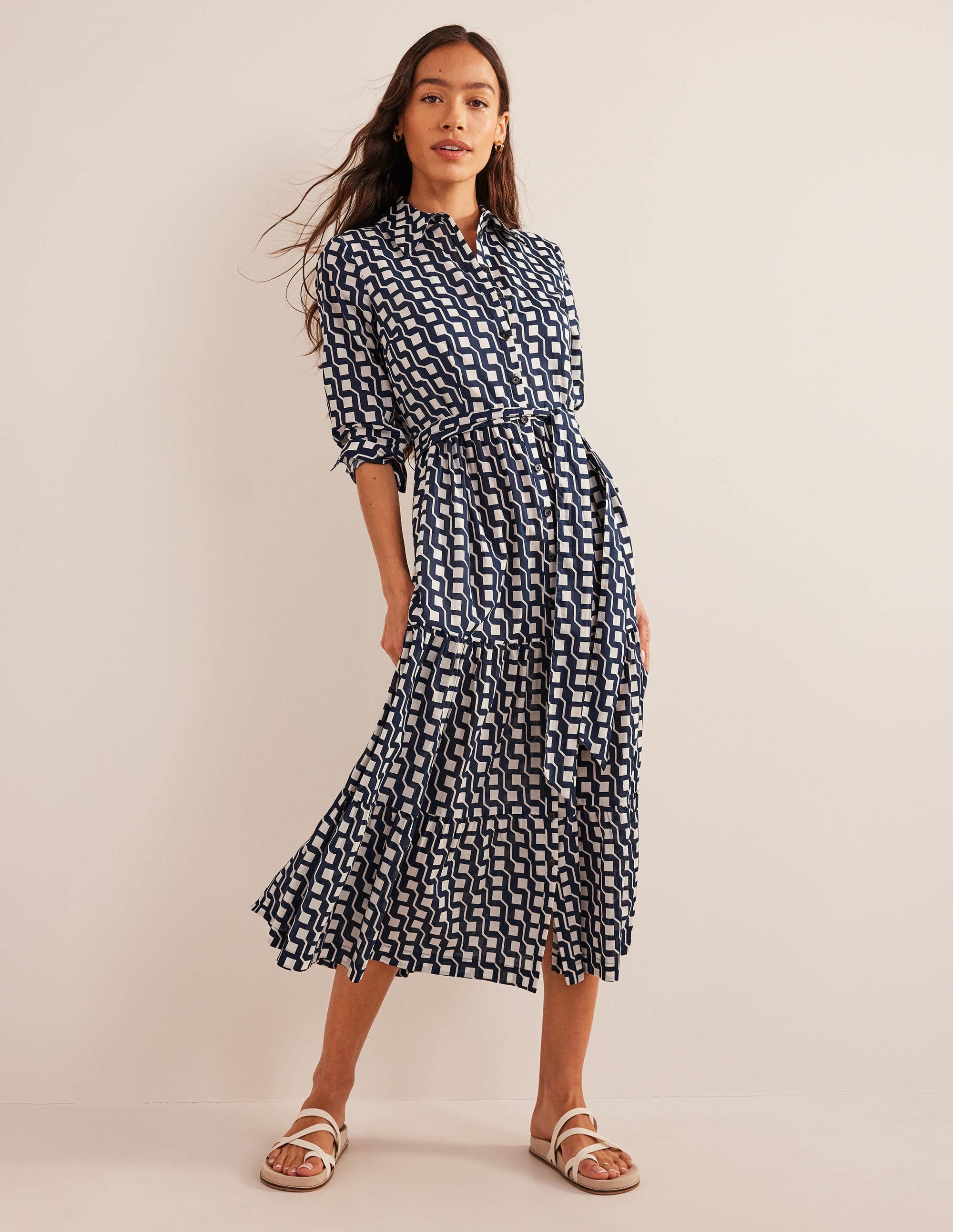 Flo Cotton Midi Shirt Dress-Navy, Cube Geo - Image 1