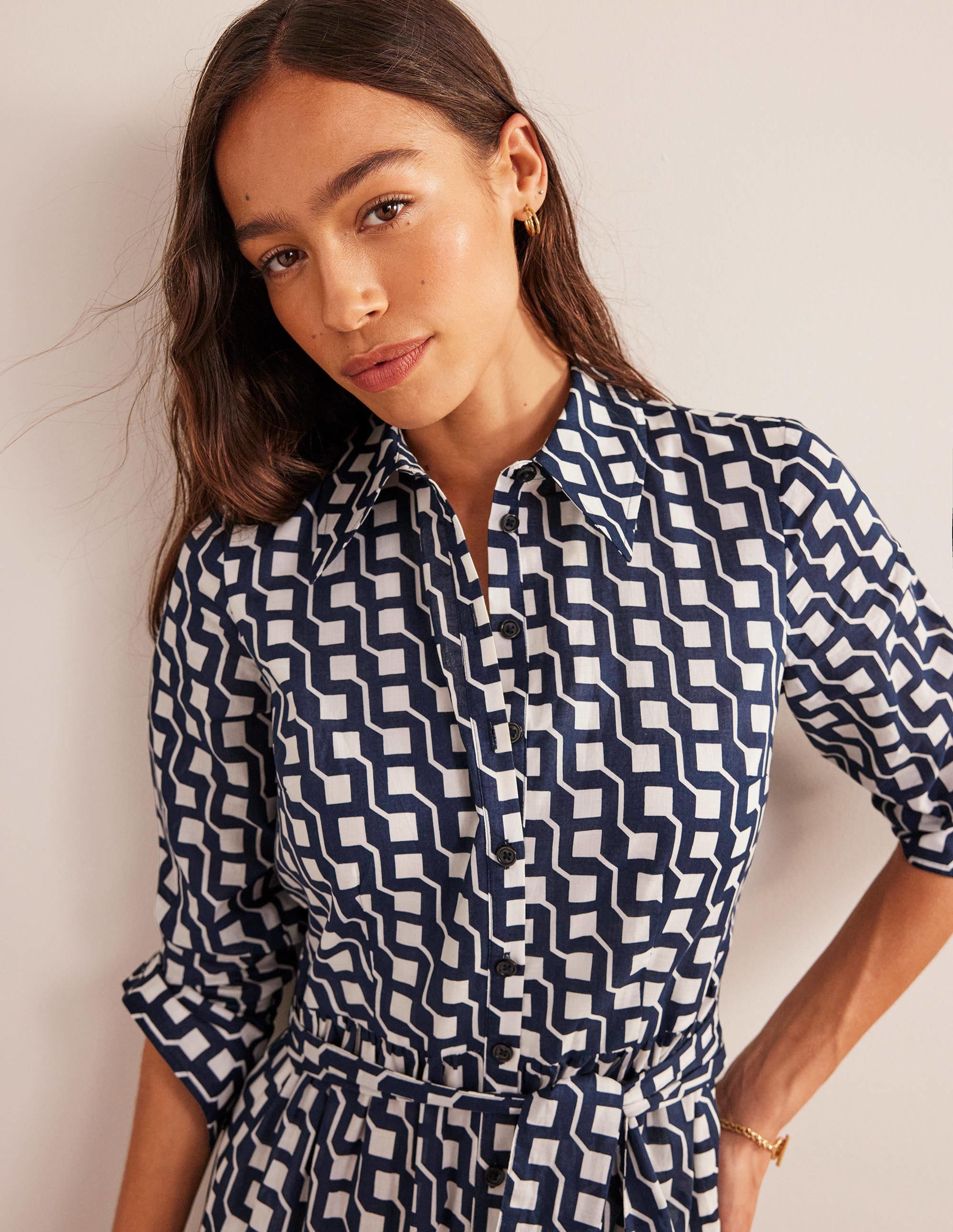 Flo Cotton Midi Shirt Dress-Navy, Cube Geo - Image 2