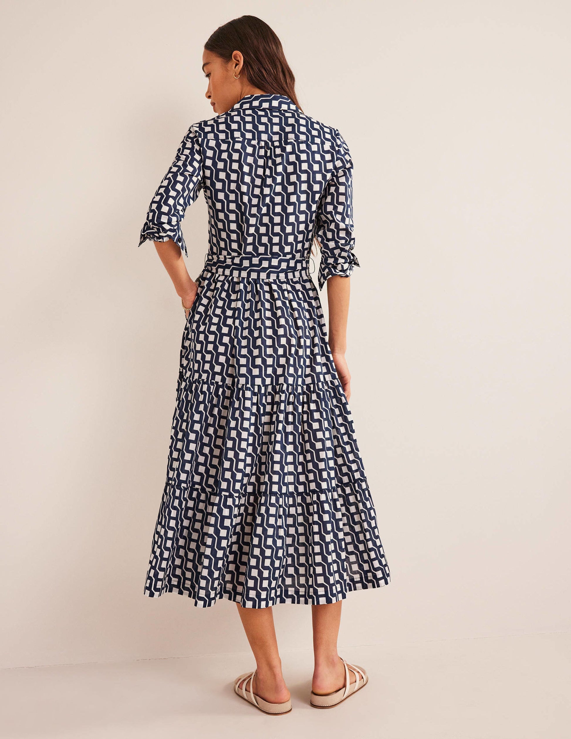 Flo Cotton Midi Shirt Dress-Navy, Cube Geo-3