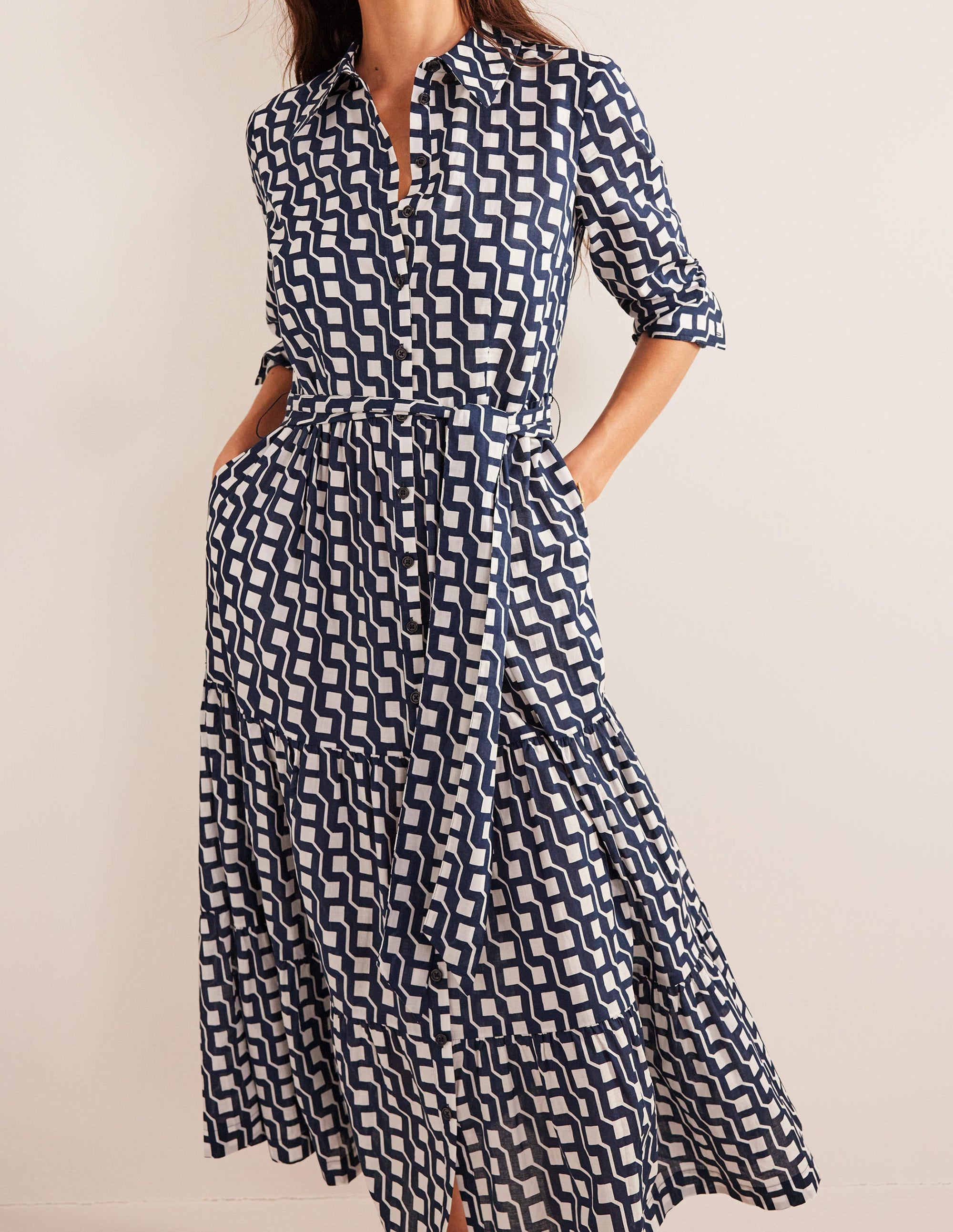 Flo Cotton Midi Shirt Dress-Navy, Cube Geo - Image 4