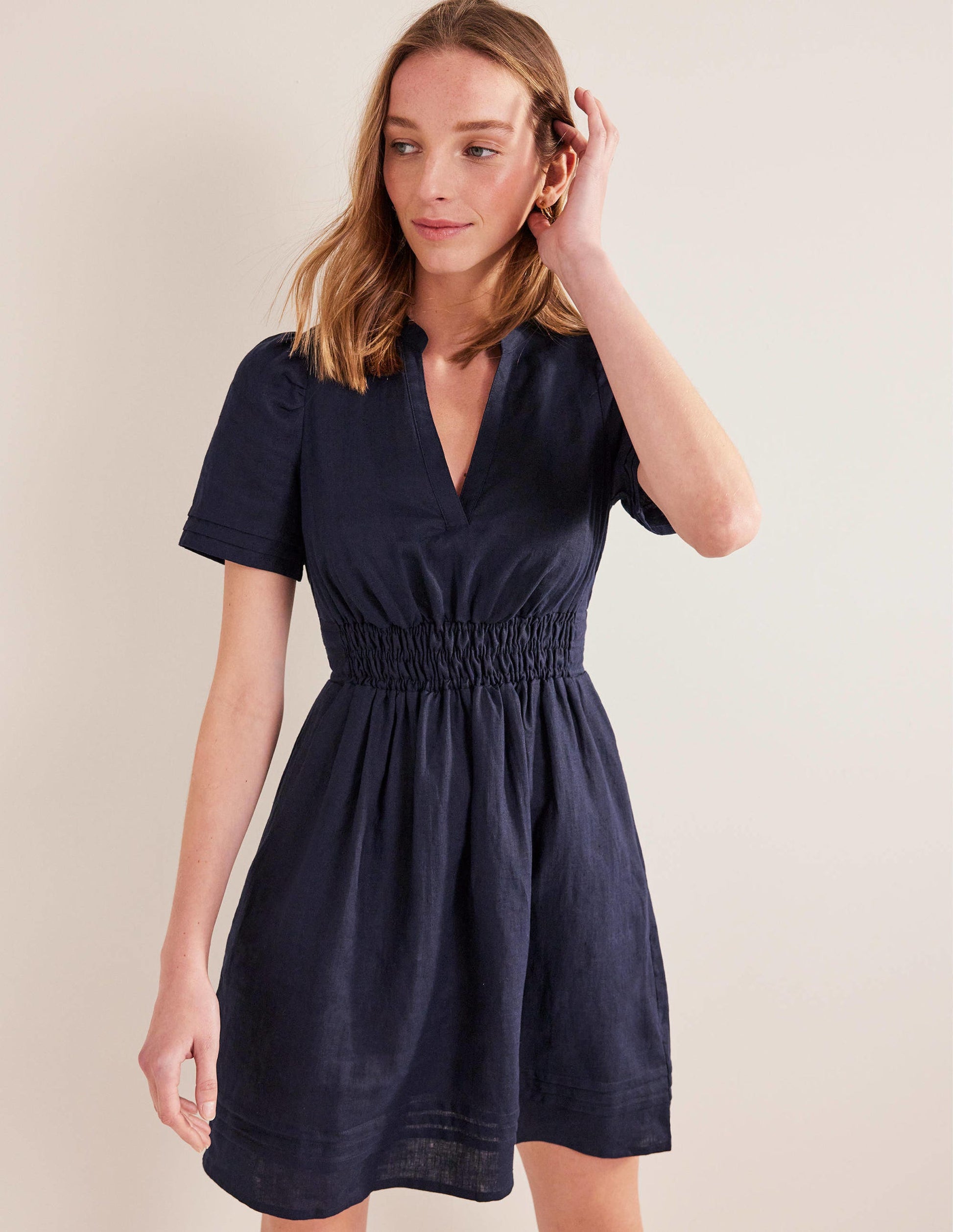 Pintuck Detail Mini Dress-Navy-4