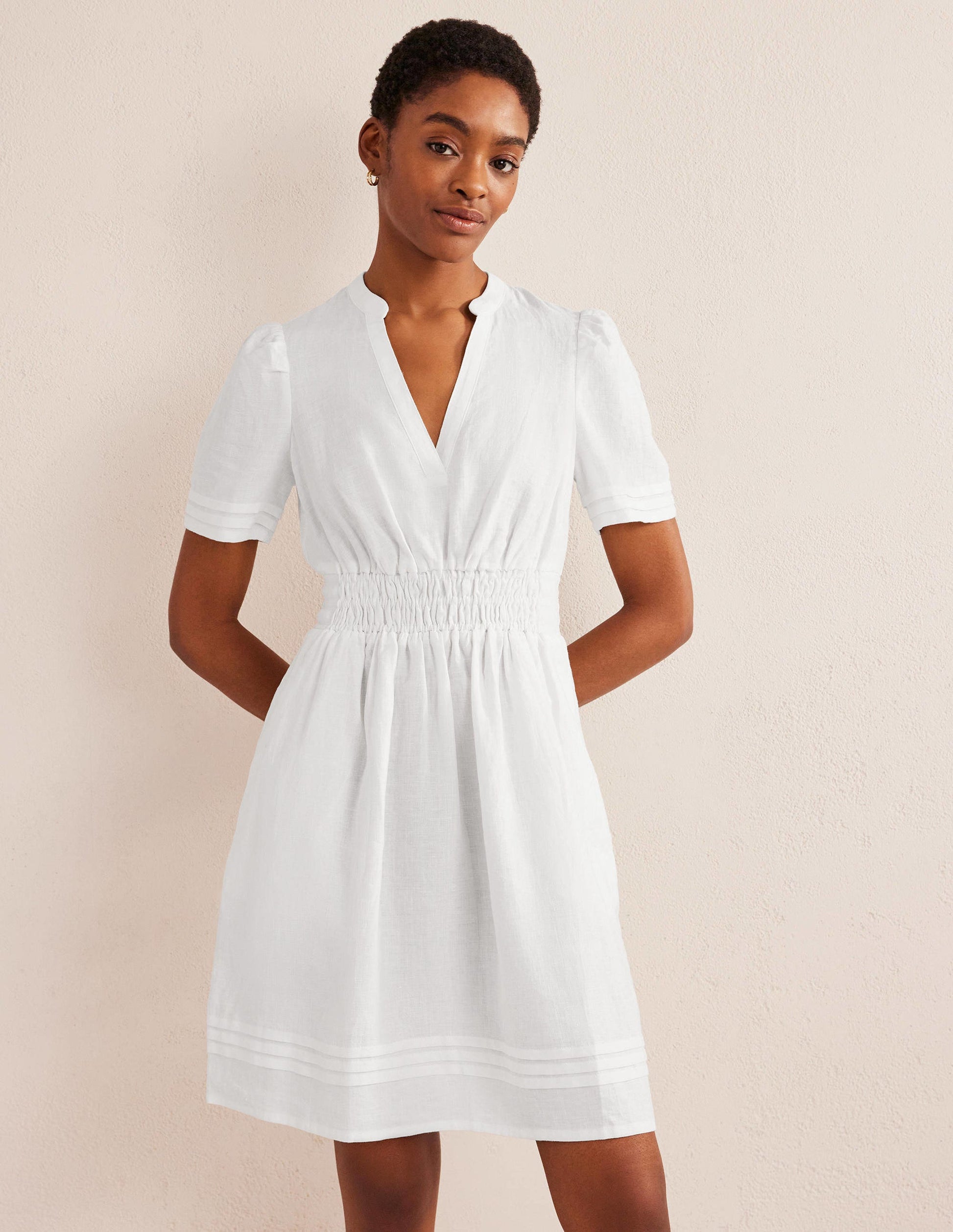 Pintuck Detail Mini Dress-White-4