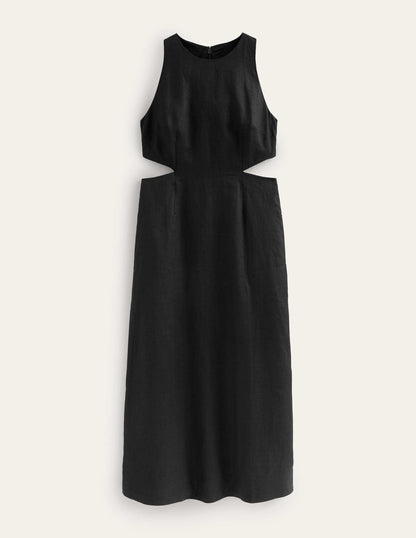 Cut Out Linen Midi Dress-Black-5