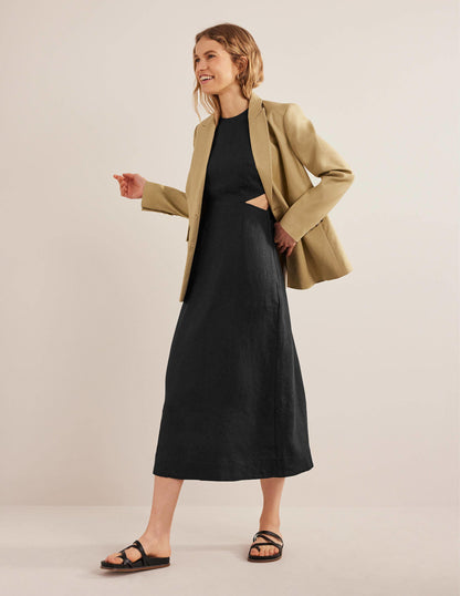 Cut Out Linen Midi Dress-Black-4