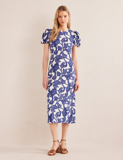 Puff Sleeve Jersey Midi Dress-Blue Ribbon, Paisley Whirl