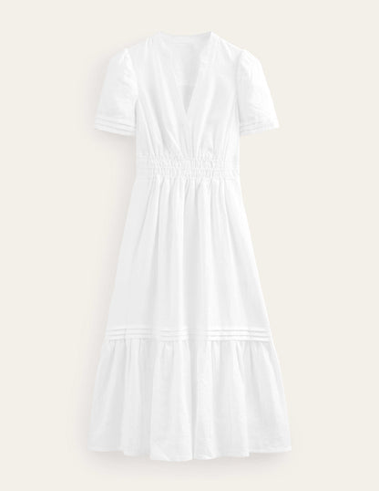 Pintuck Detail Midi Dress-White-6