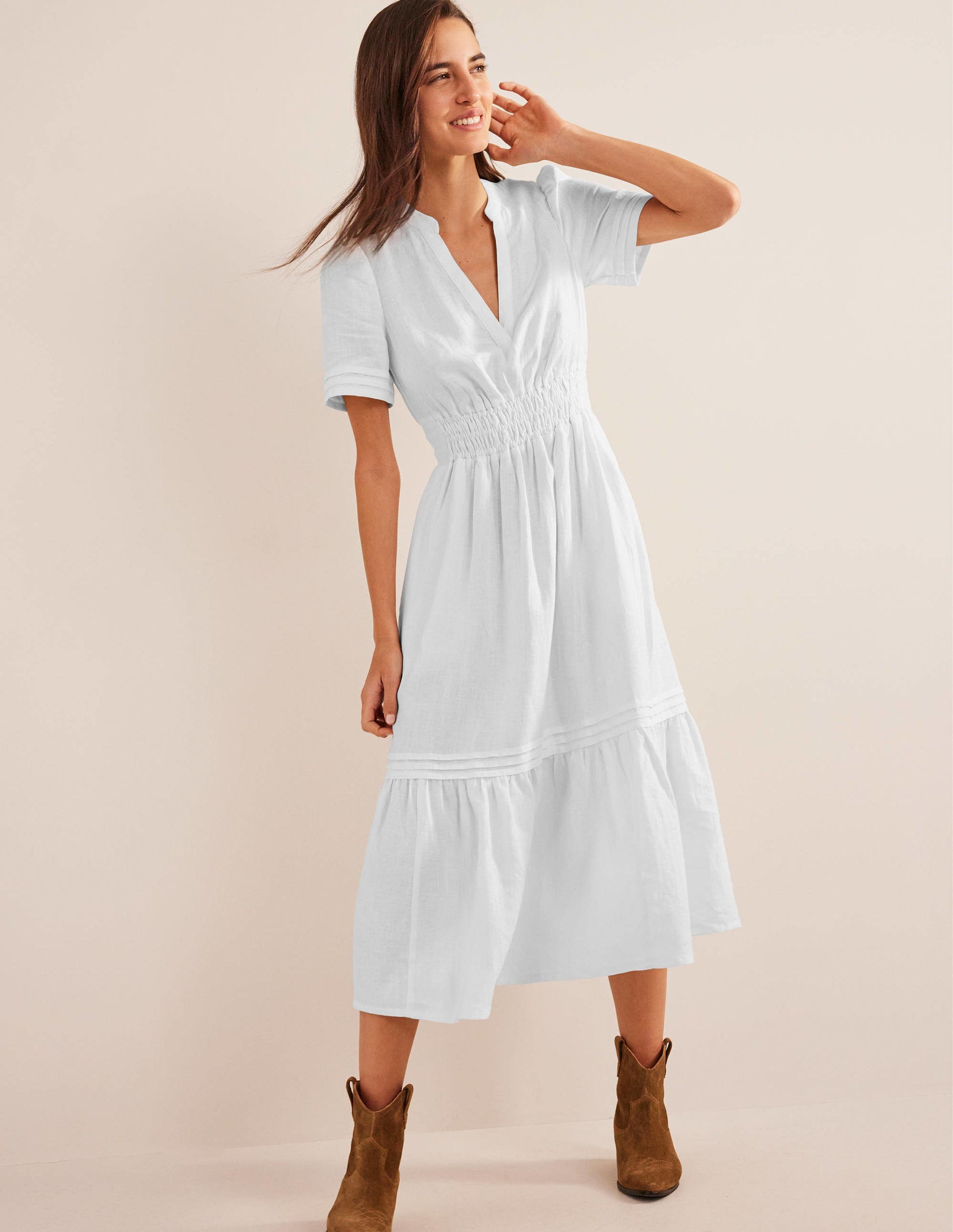 Pintuck Detail Midi Dress-White-5