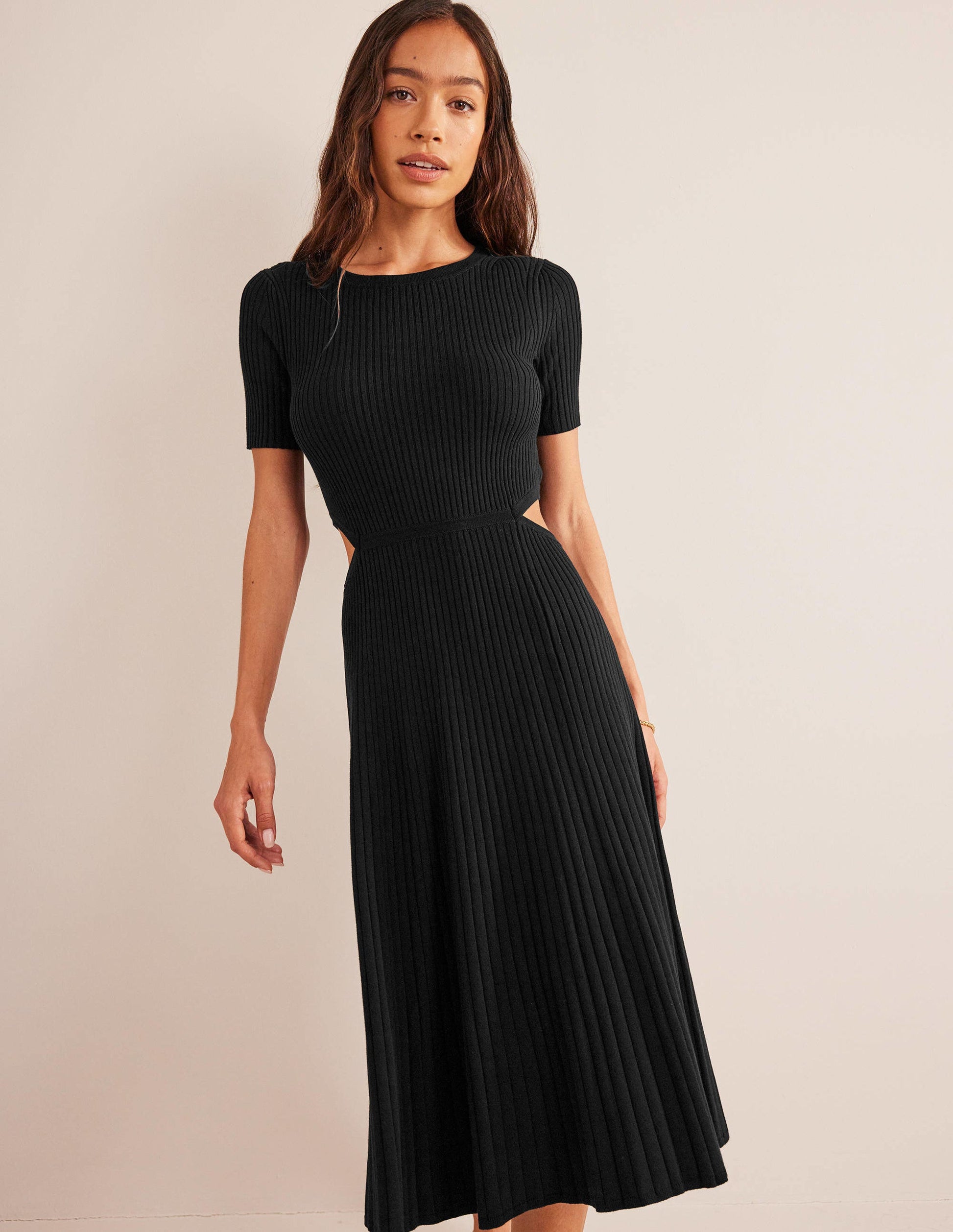 Cut Out Knitted Midi Dress-Black-1