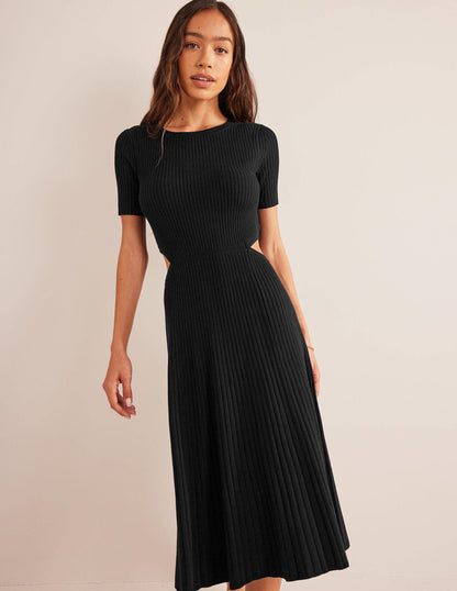 Cut Out Knitted Midi Dress-Black-1