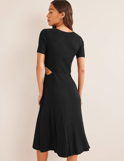 Cut Out Knitted Midi Dress-Black-3