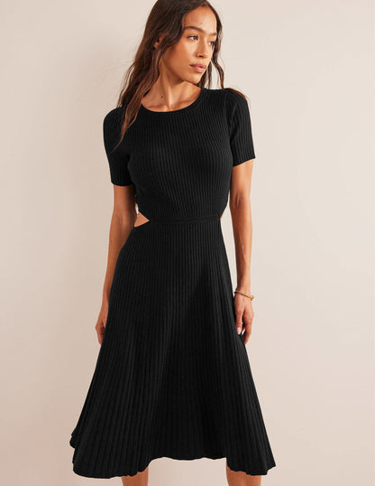 Cut Out Knitted Midi Dress-Black-4