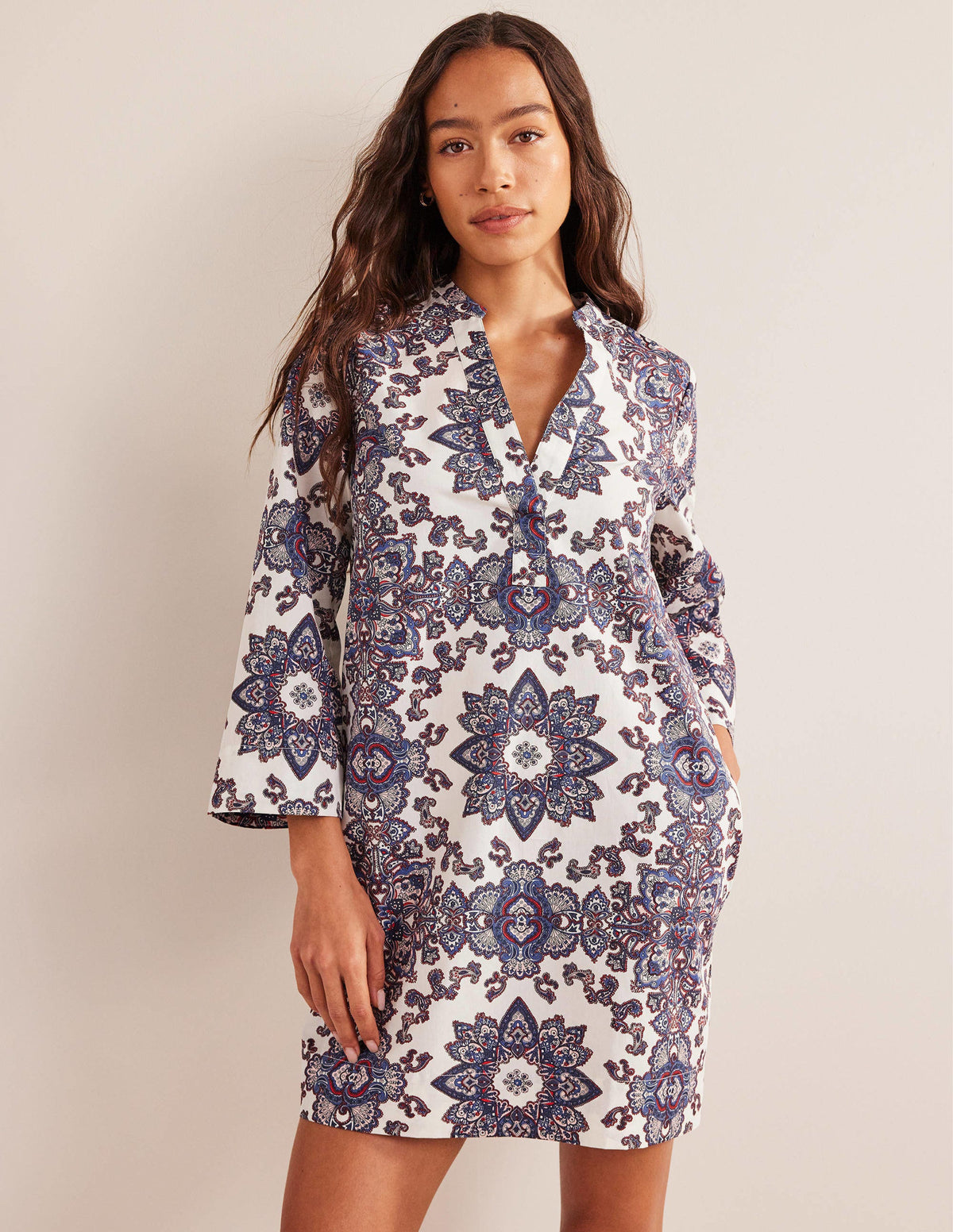Notch Neck Mini Shift Dress-Ivory, Paradise Paisley - Image 1