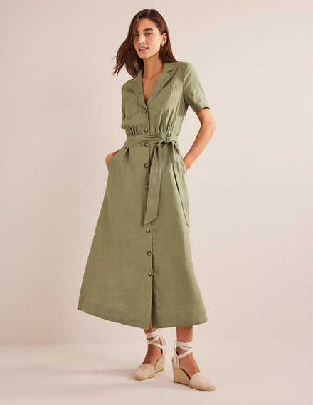 Linen Maxi Shirt Dress-Spruce