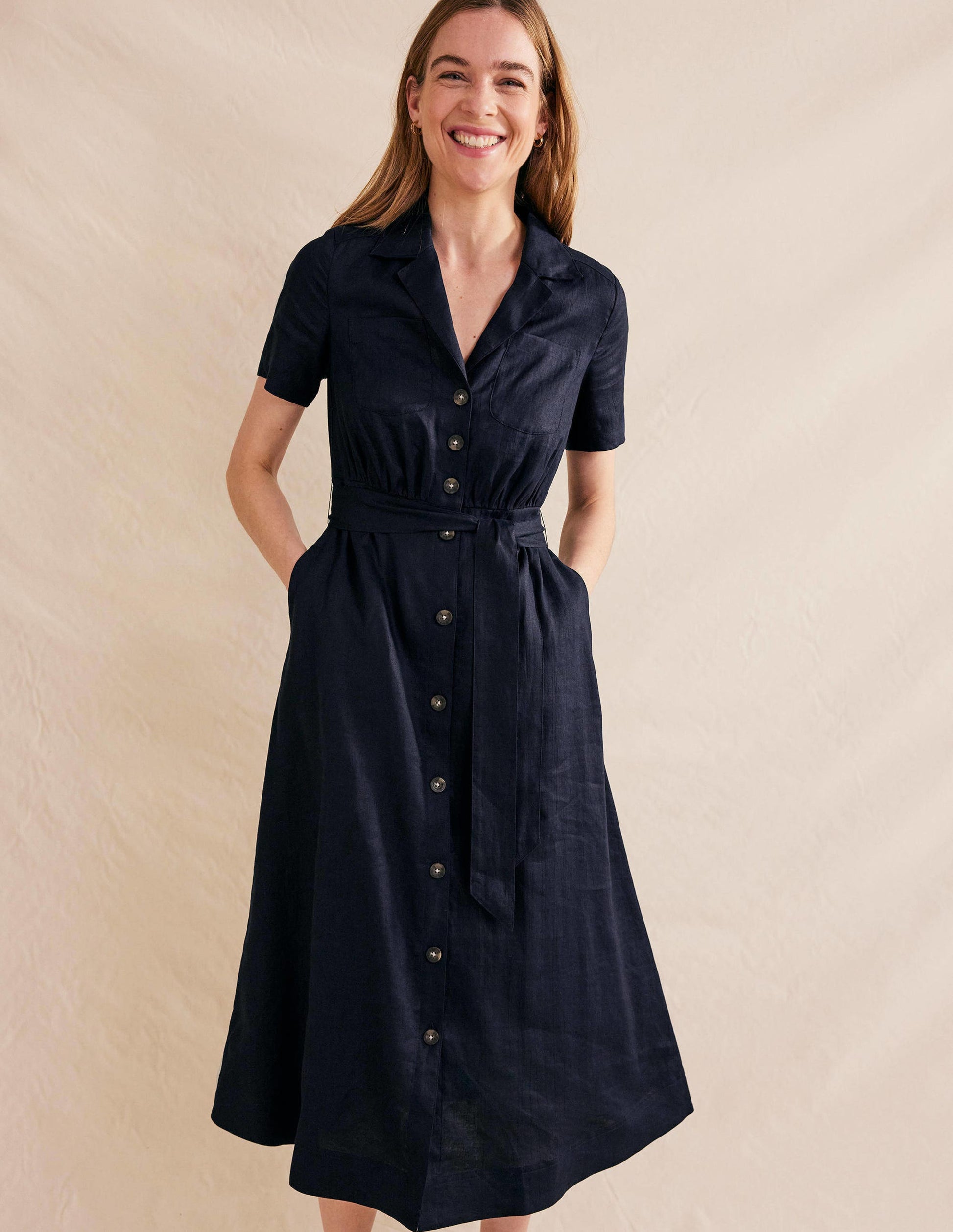 Linen Maxi Shirt Dress-Navy-4