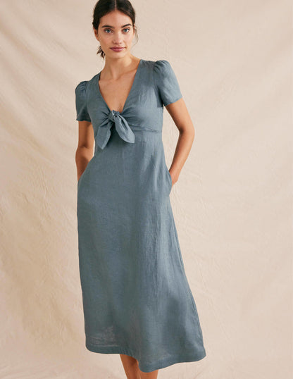 Tie Front Linen Midi Dress-Deep Sea Blue-1