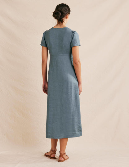 Tie Front Linen Midi Dress-Deep Sea Blue-3