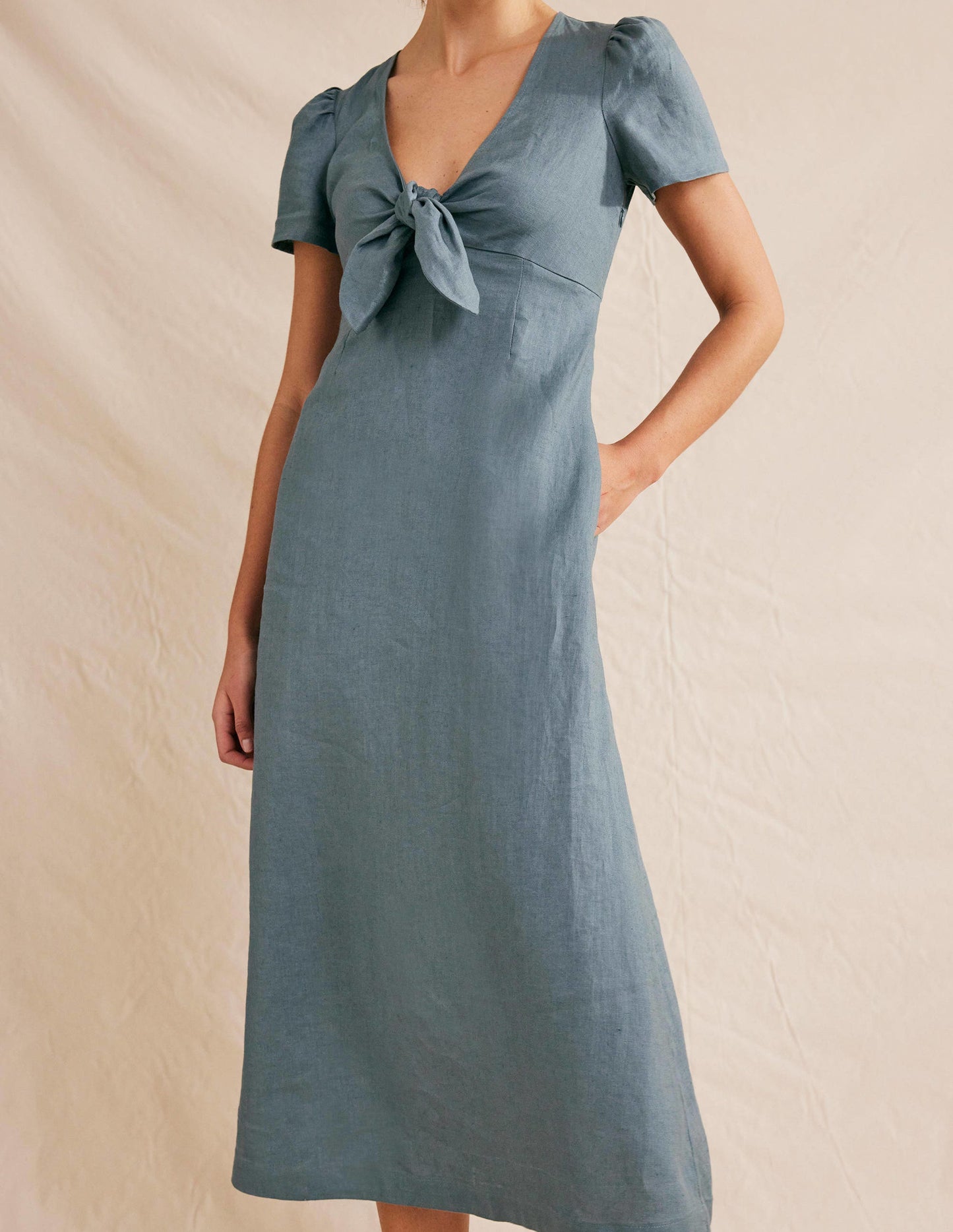 Tie Front Linen Midi Dress-Deep Sea Blue