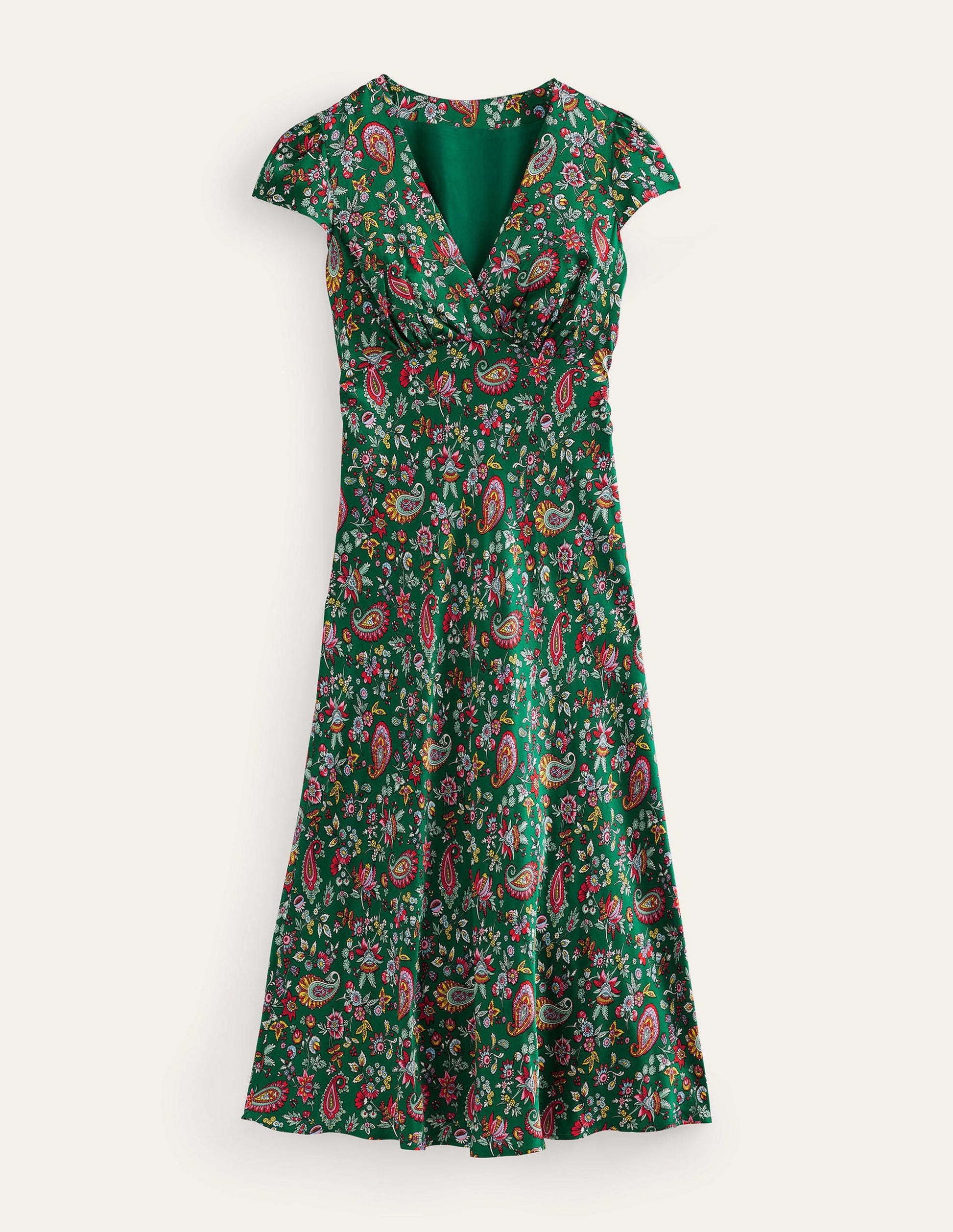 Satin Empire Midi Tea Dress-Green, Dandelion Paisley-6