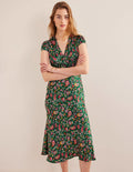 Satin Empire Midi Tea Dress-Green, Dandelion Paisley