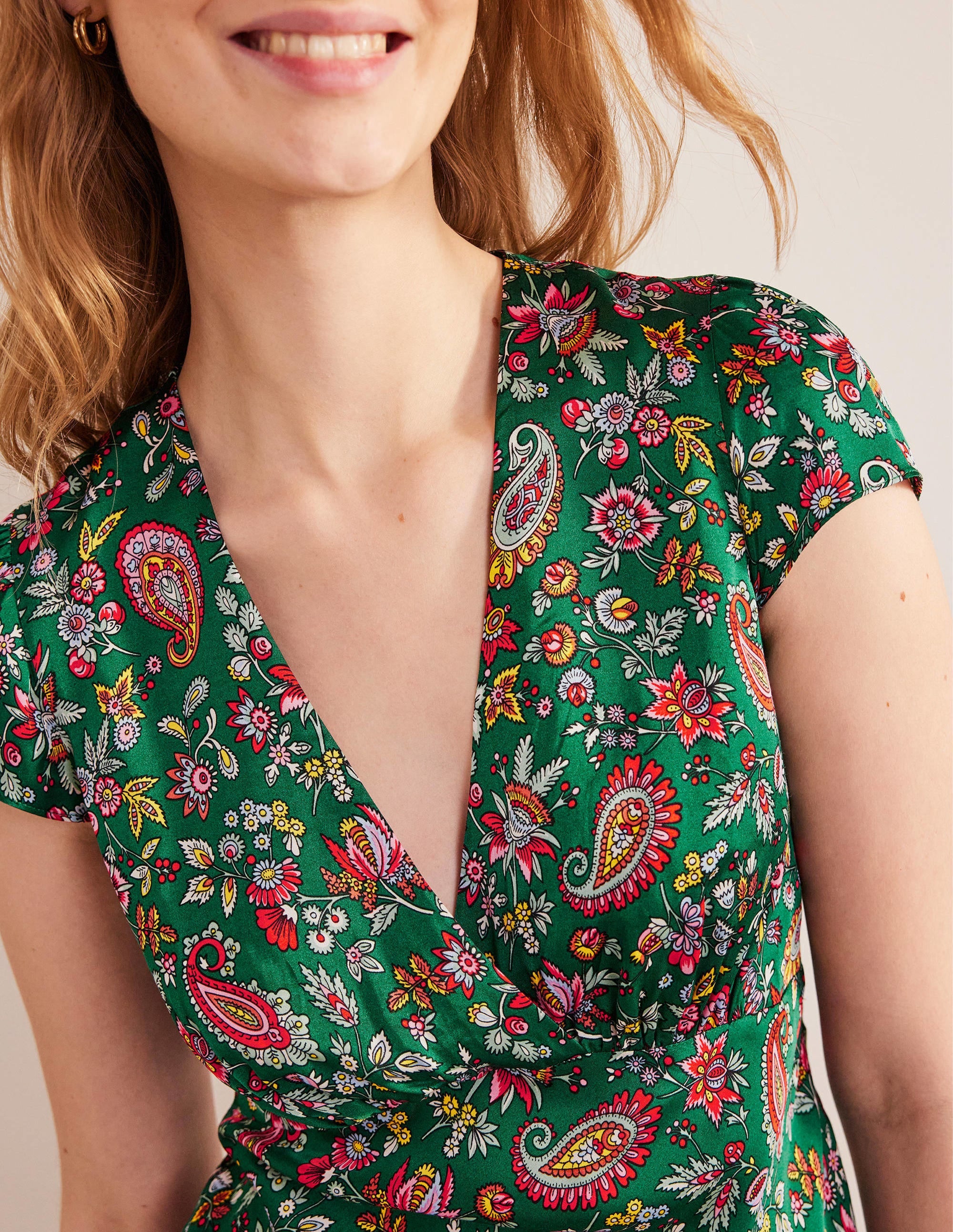 Satin Empire Midi Tea Dress-Green, Dandelion Paisley - Image 2
