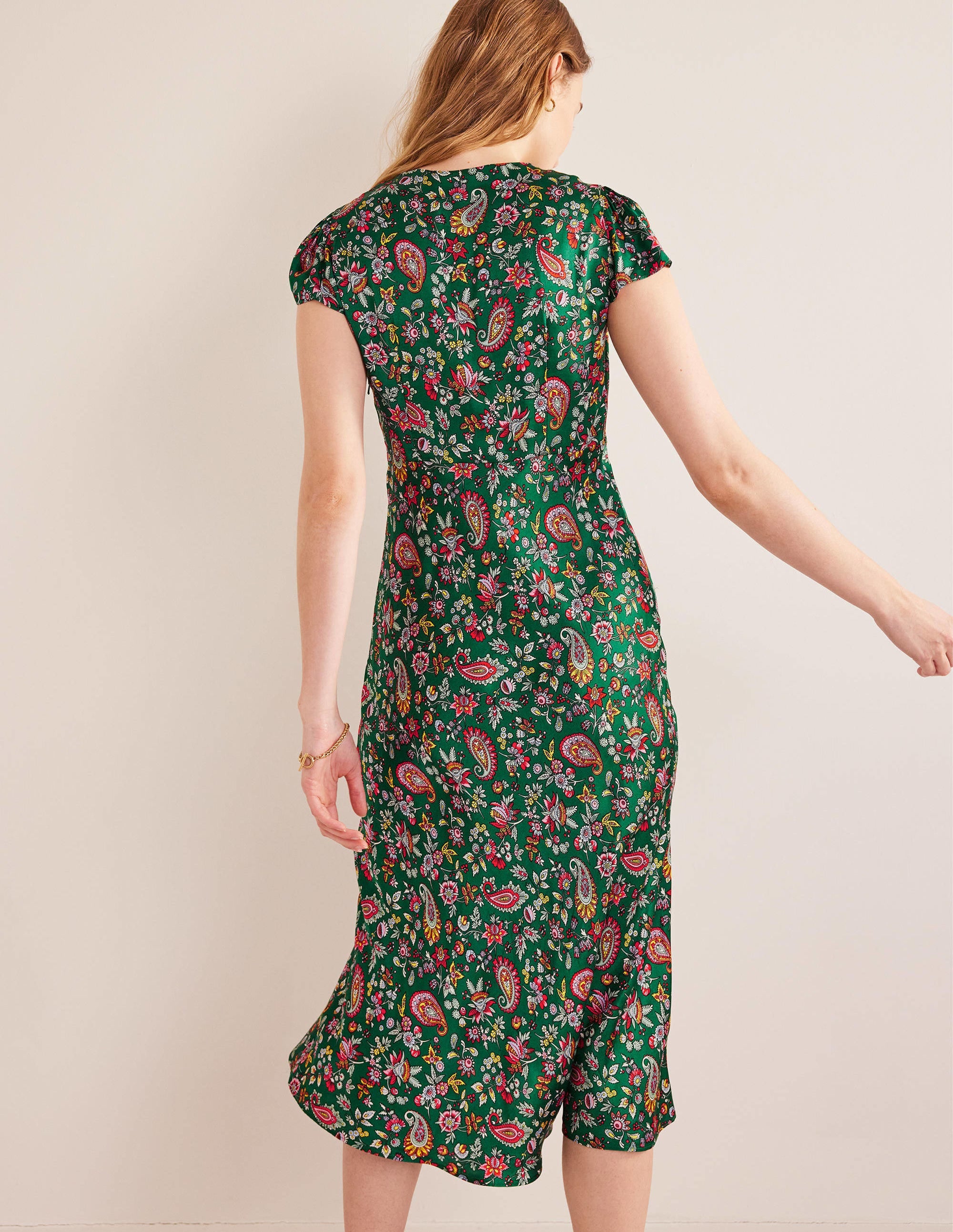 Satin Empire Midi Tea Dress-Green, Dandelion Paisley - Image 3