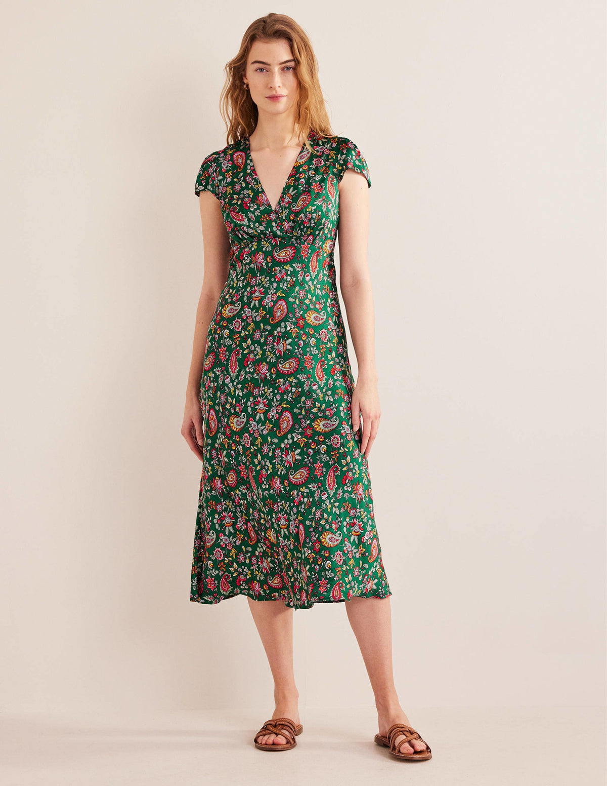 Satin Empire Midi Tea Dress-Green, Dandelion Paisley-4