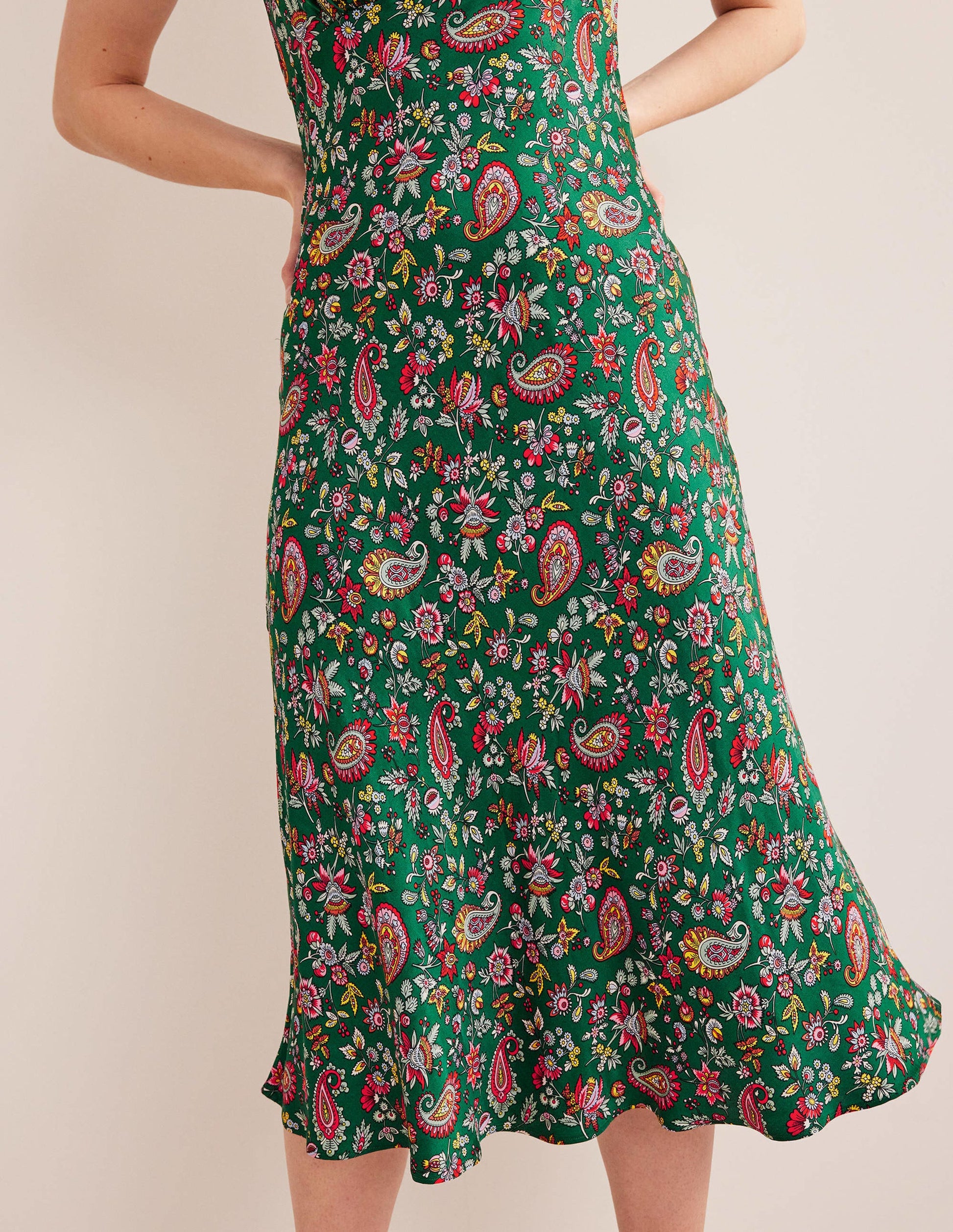 Satin Empire Midi Tea Dress-Green, Dandelion Paisley-5