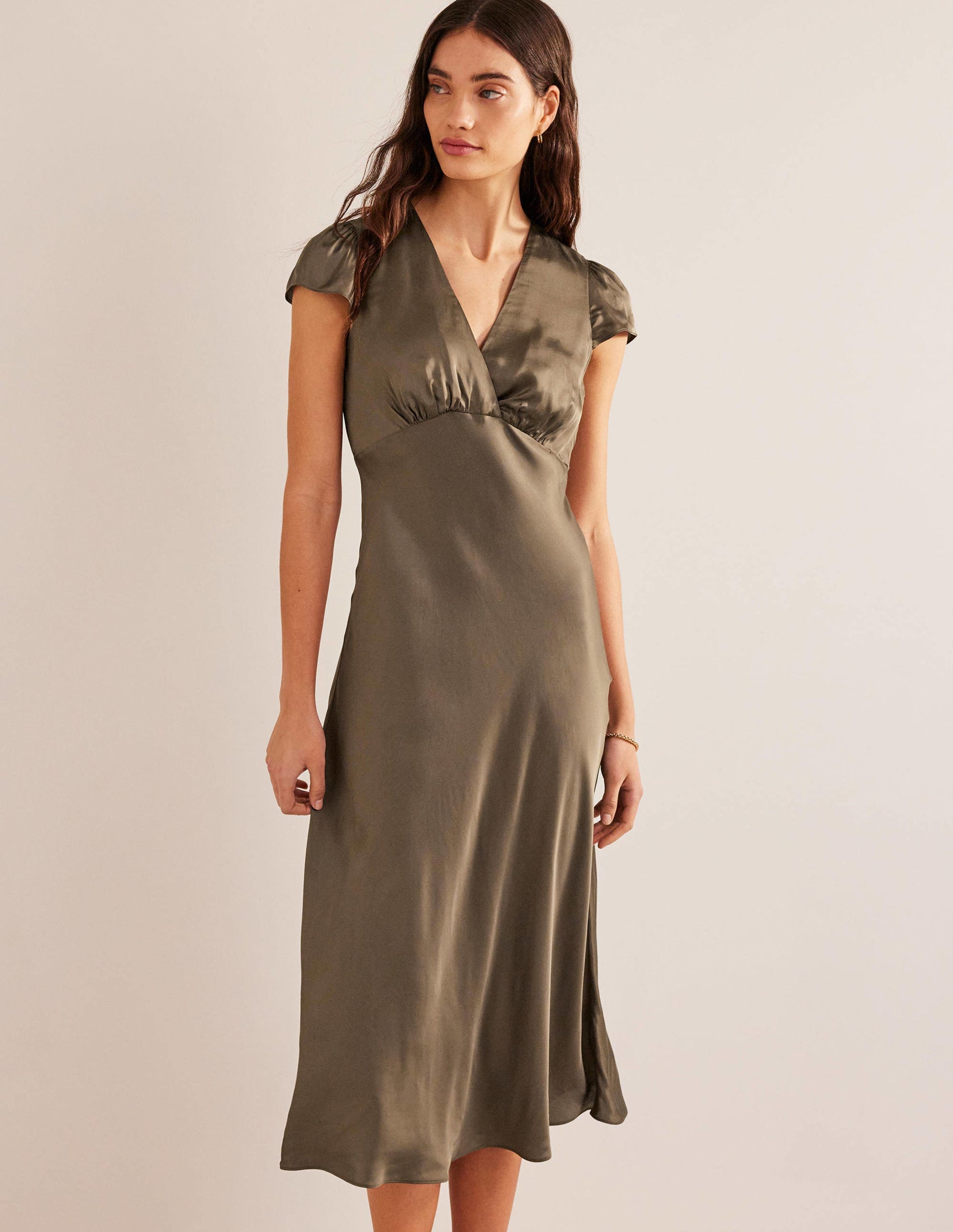Satin Empire Midi Tea Dress-Khaki-1