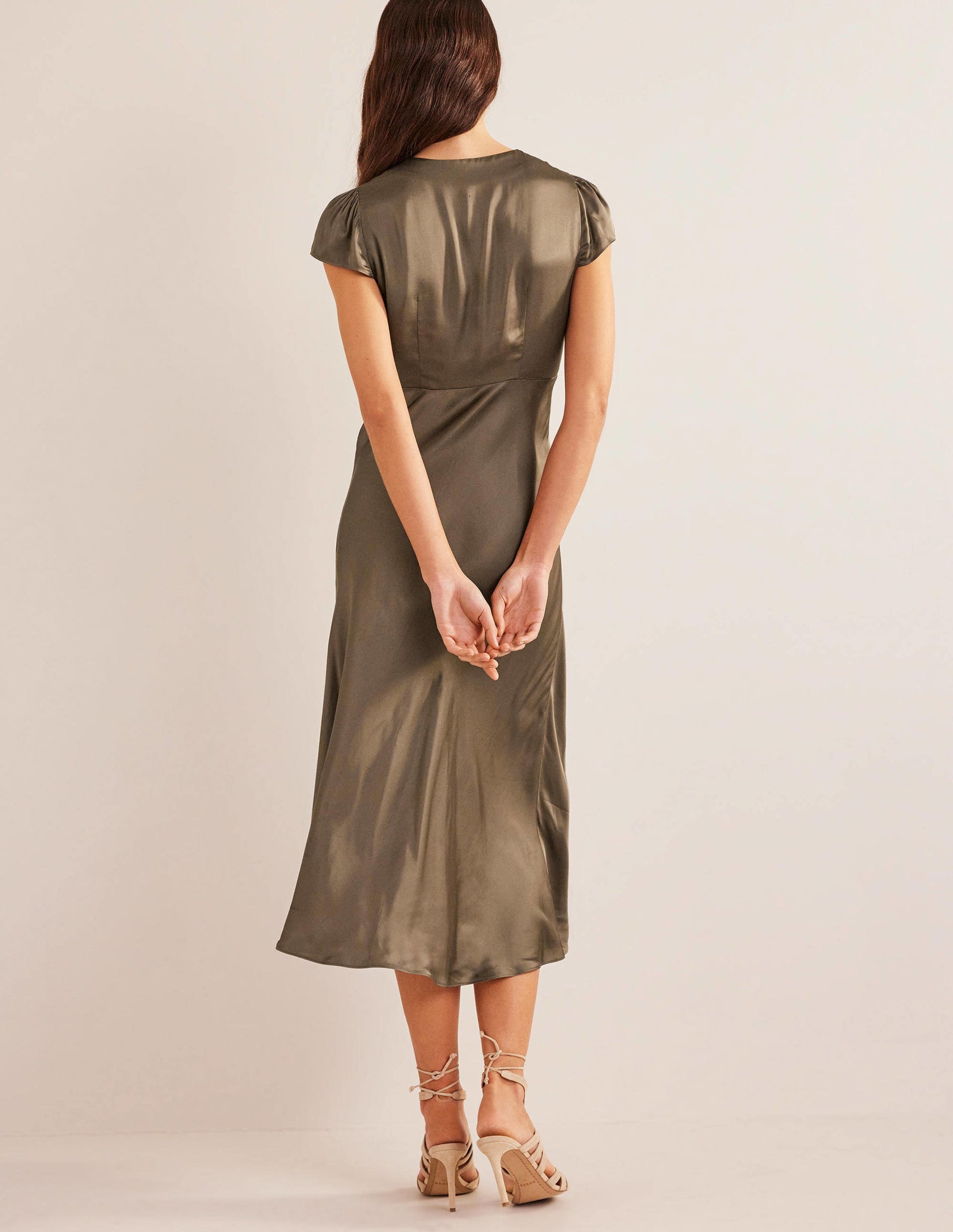 Satin Empire Midi Tea Dress-Khaki-3