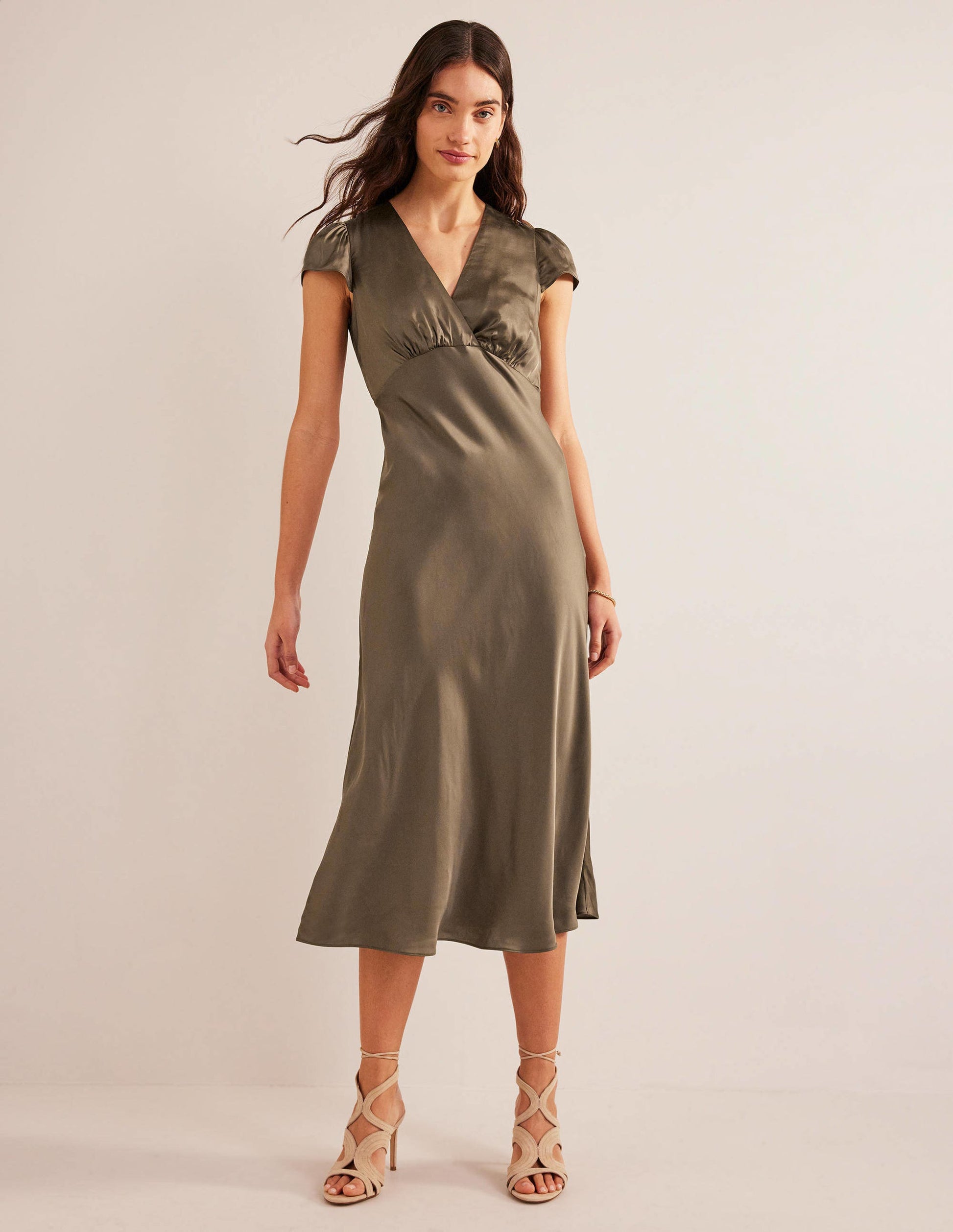Satin Empire Midi Tea Dress-Khaki-4