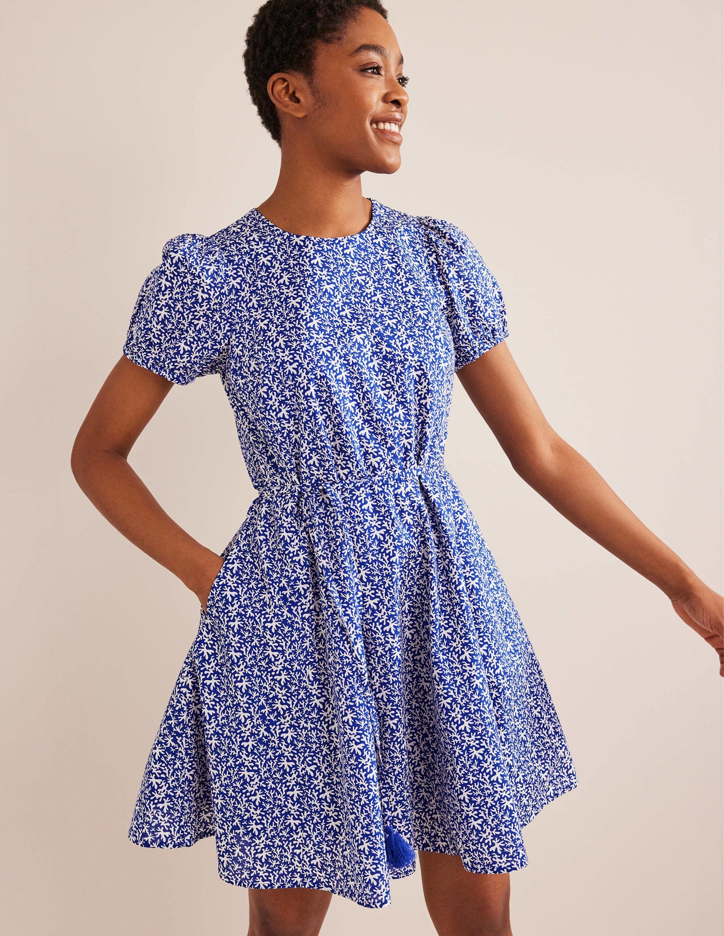 Full Skirted Mini Dress-Blue, Abstract Foliage