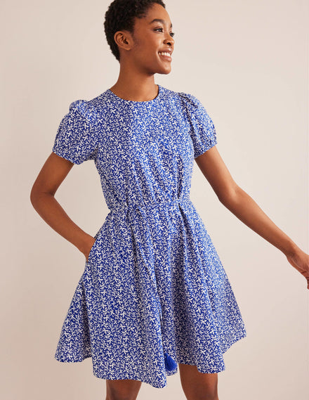 Full Skirted Mini Dress-Blue, Abstract Foliage