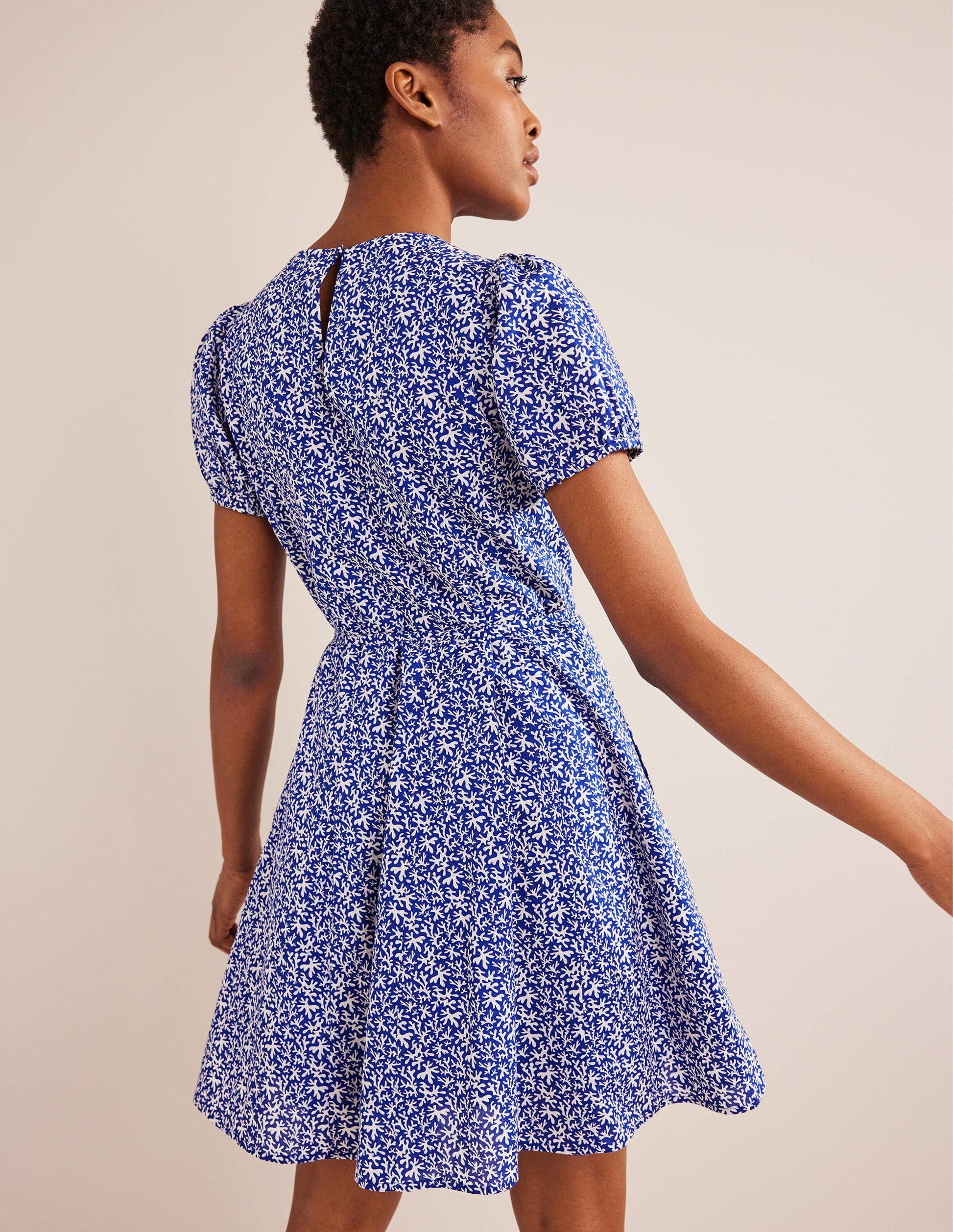 Full Skirted Mini Dress-Blue, Abstract Foliage-3