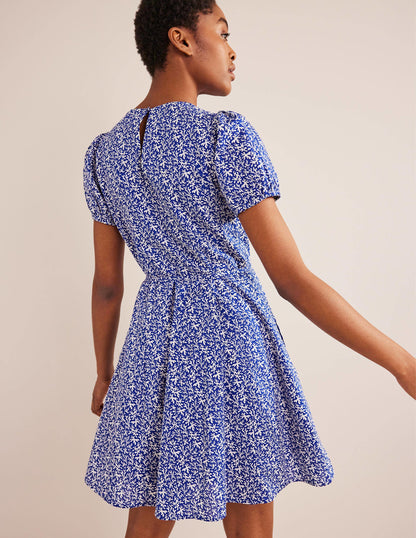 Full Skirted Mini Dress-Blue, Abstract Foliage-3