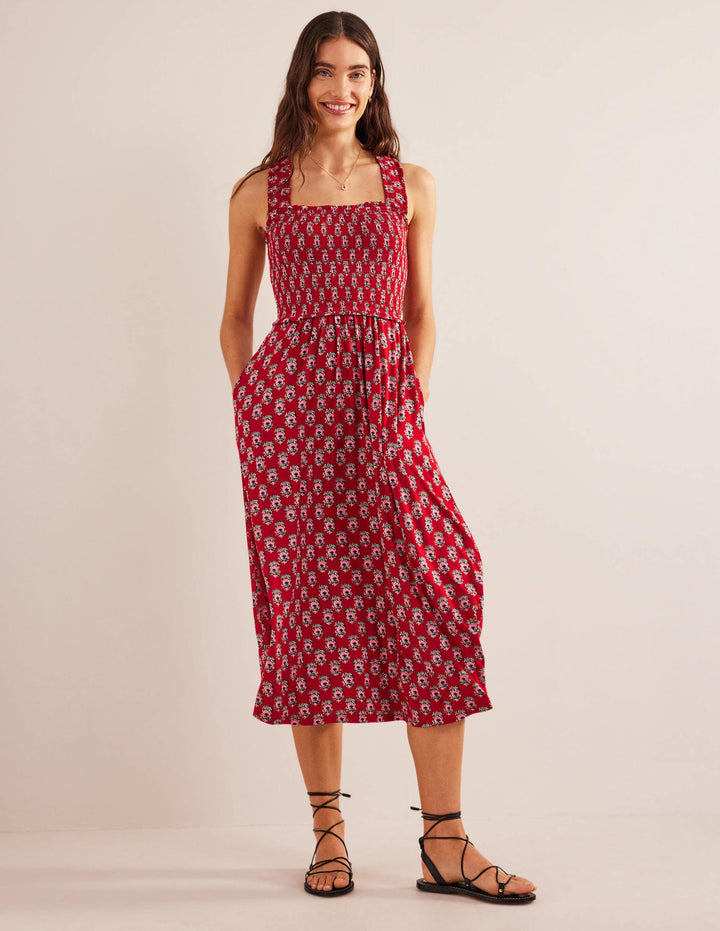 Cross Back Jersey Midi Dress-Poinsettia, Dainty Floret