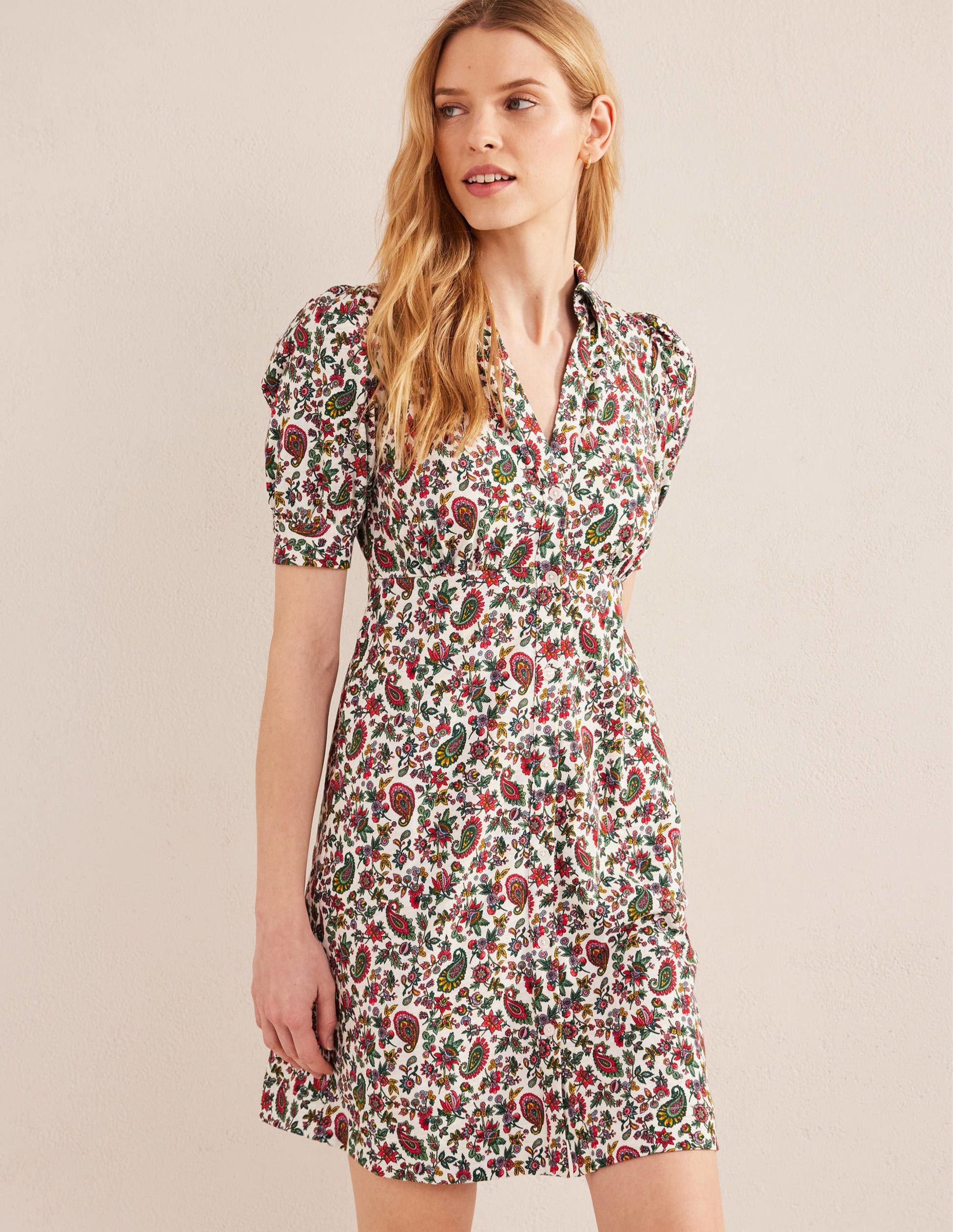 Button Jersey Mini Tea Dress-Multi, Dandelion Paisley-1