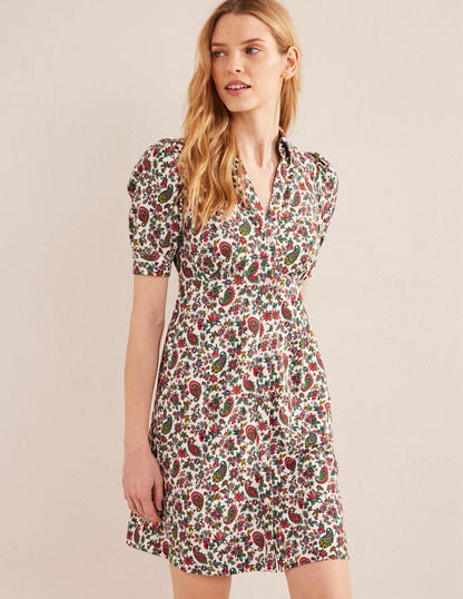 Button Jersey Mini Tea Dress-Multi, Dandelion Paisley-1