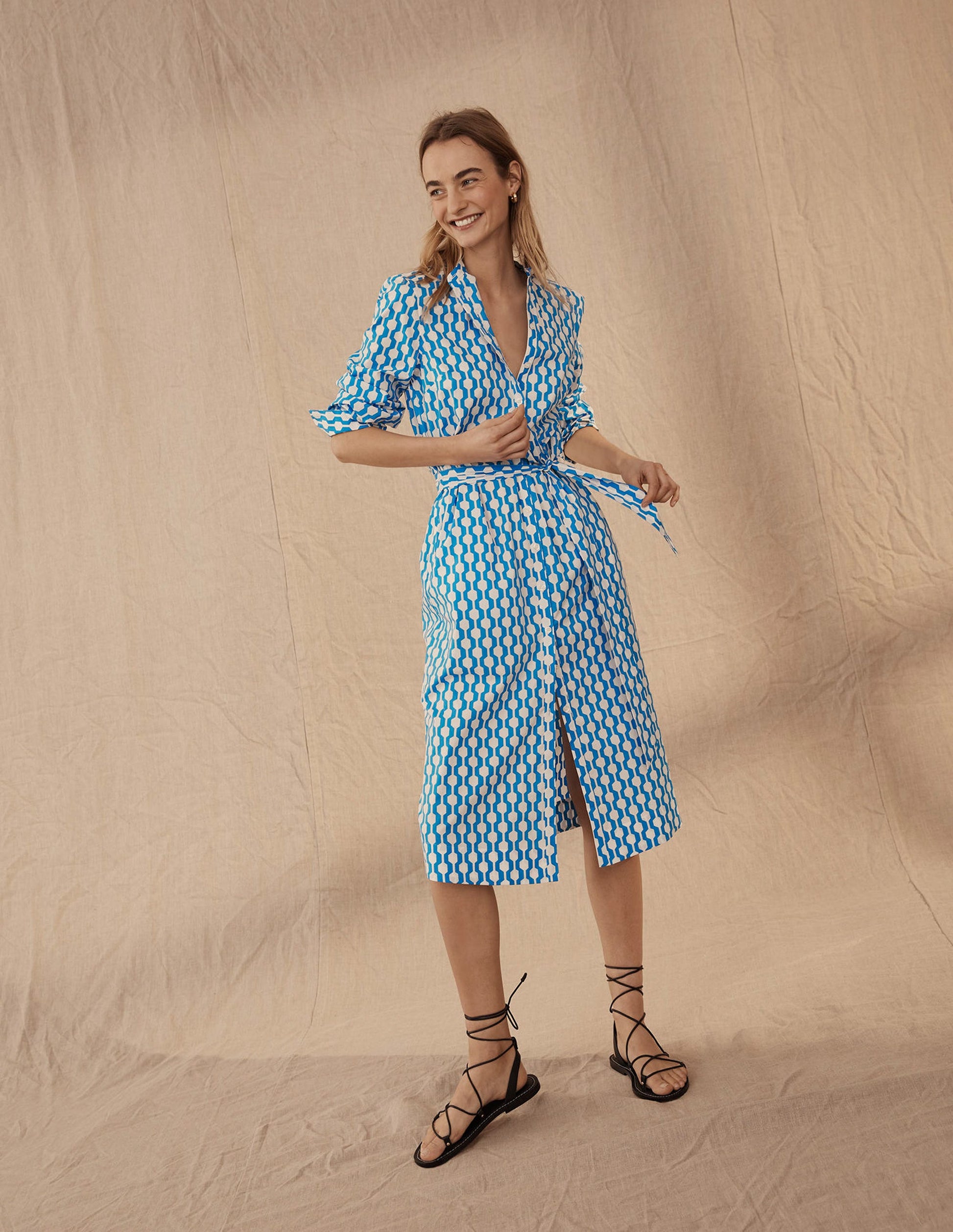 Collarless Midi Shirt Dress-Moroccan Blue, Geo Azure-5