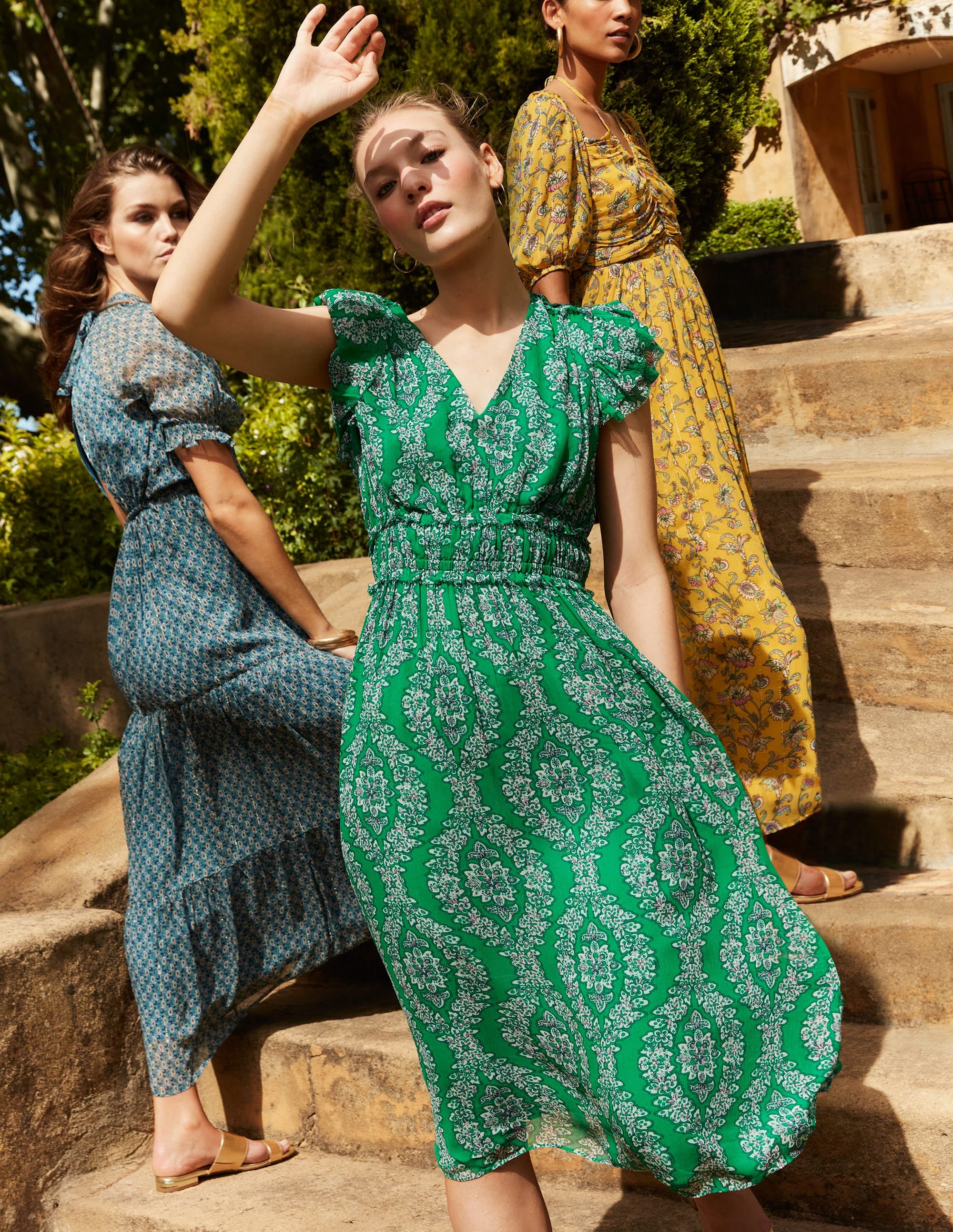 Gathered Waist Midi Dress-Rich Emerald, Botanic Wreath - Image 7