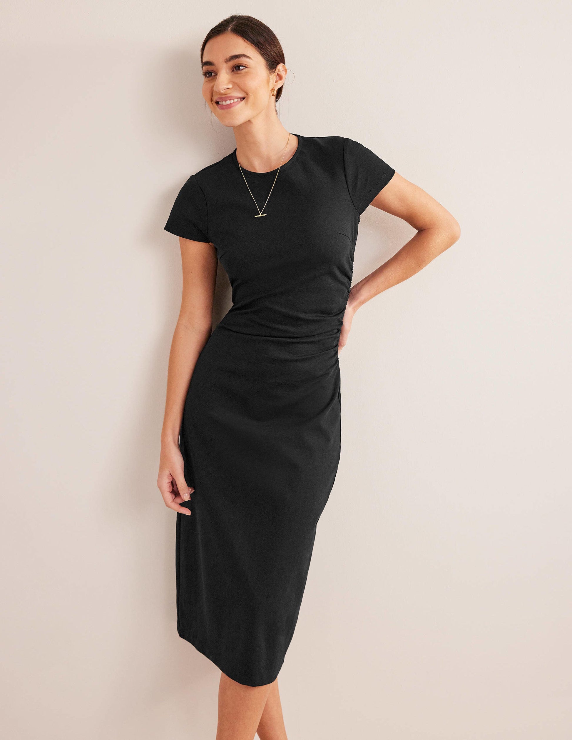 Side Ruched Jersey Midi Dress-Black-1