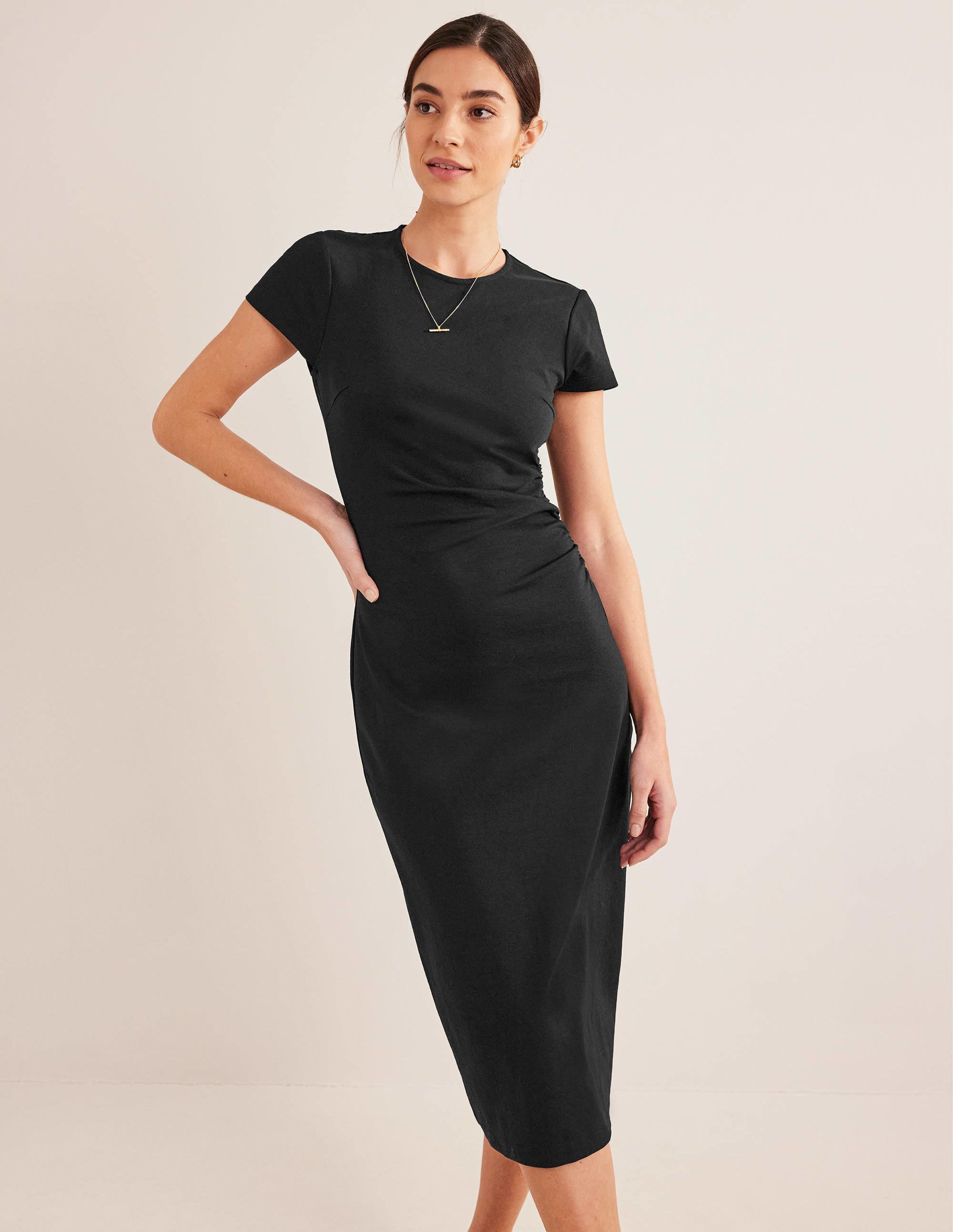 Side Ruched Jersey Midi Dress-Black - Image 4