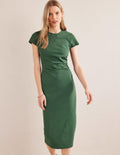 Side Ruched Jersey Midi Dress-Palm Leaf