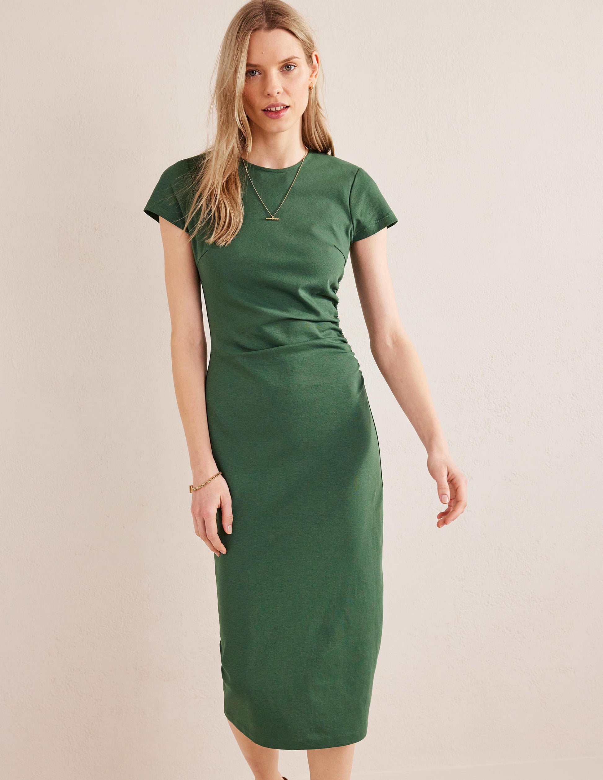 Side Ruched Jersey Midi Dress-Palm Leaf-1
