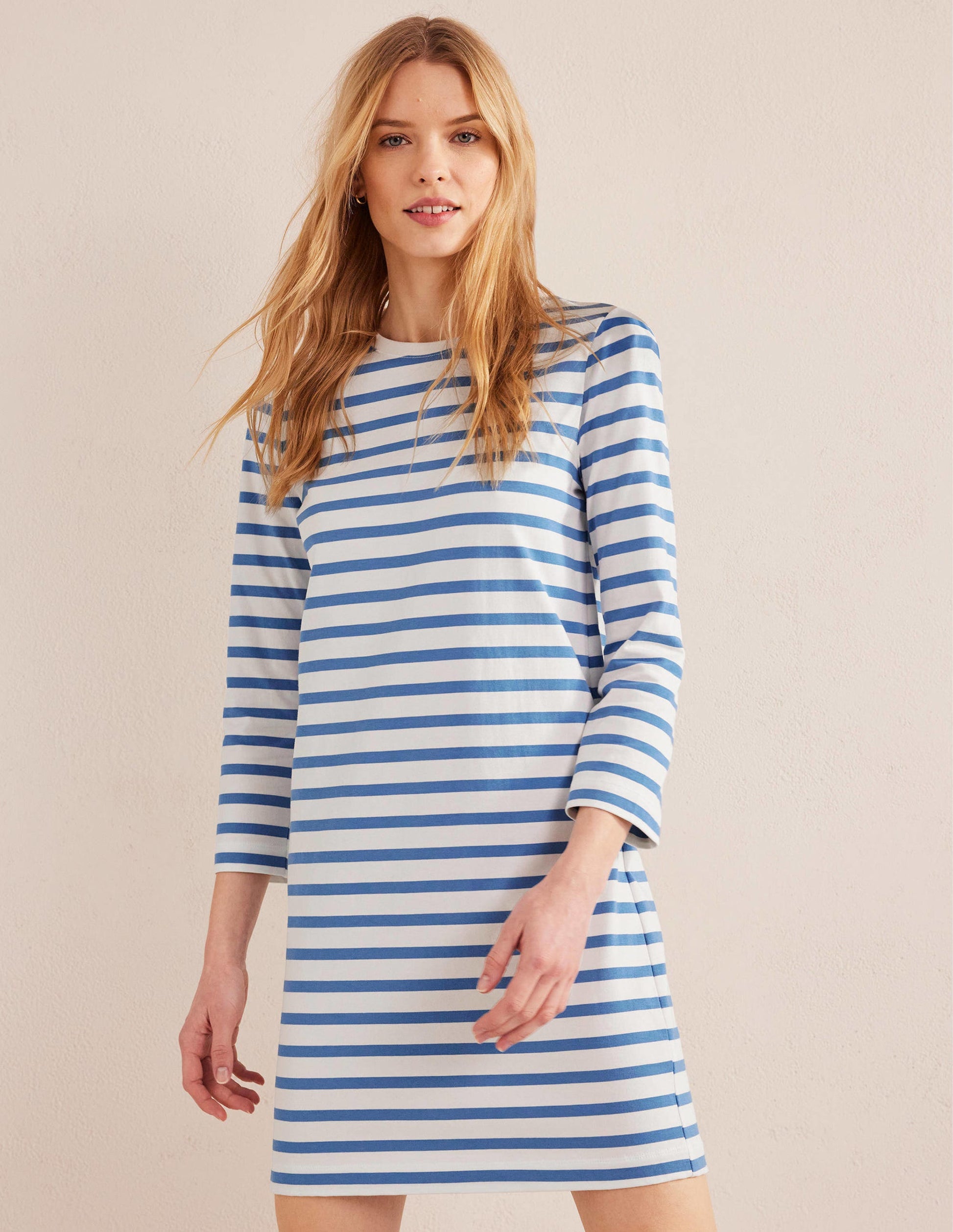 Jersey Mini T-Shirt Dress-Ivory and Blue Stripe-1