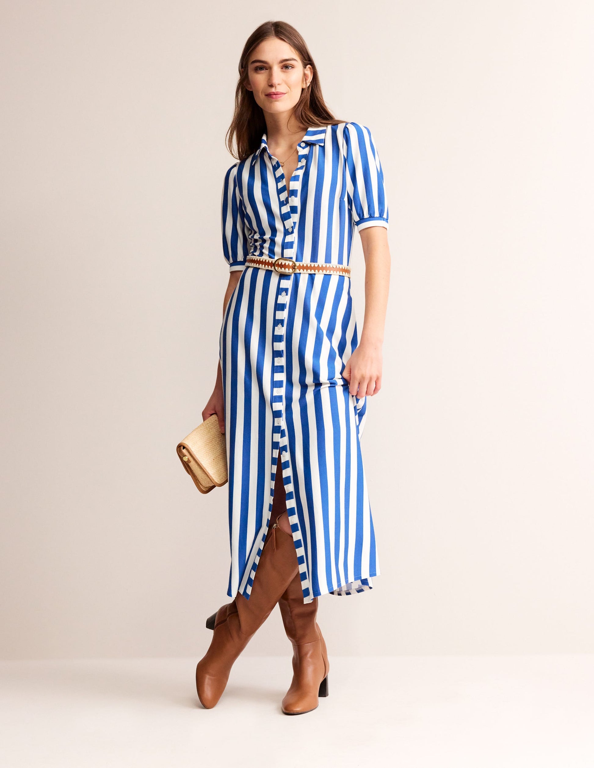 Libby Jersey Midi Shirt Dress-Blue, Ivory Stripe-6