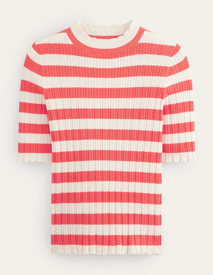 Ribbed Pointelle High Neck Top-Bright Watermelon Stripe-5