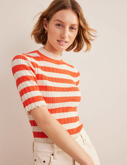 Ribbed Pointelle High Neck Top-Bright Watermelon Stripe-1