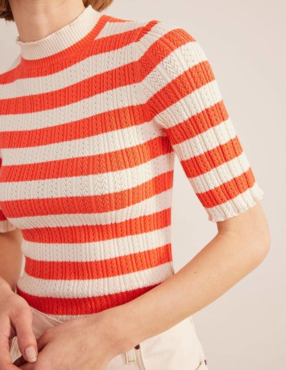 Ribbed Pointelle High Neck Top-Bright Watermelon Stripe-2