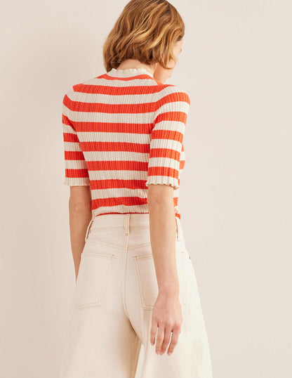 Ribbed Pointelle High Neck Top-Bright Watermelon Stripe-3